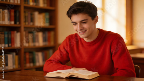 Young man reading book in library