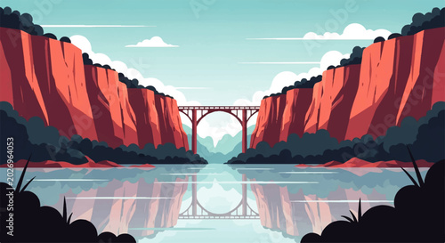Fotografie Vector flat design illustration of a majestic bridge spanning a wide river betwe