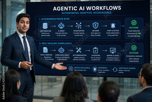 Businessman presenting agentic AI workflows autonomous fraud scan self healing compliance agentic AI workflows presentation in boardroom with security outcome metrics