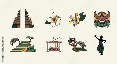 Set of Traditional Balinese Cultural Icons and Symbols