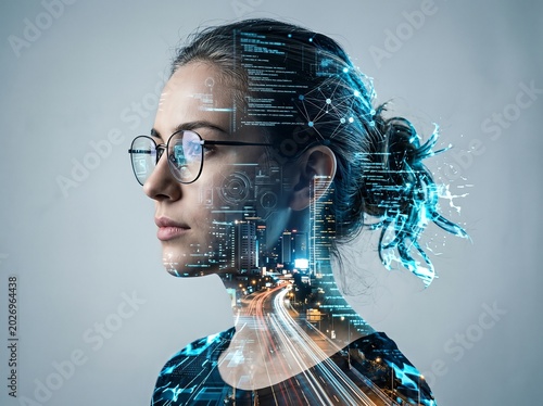 Side profile of a woman with eyeglasses and cityscape technology overlay.