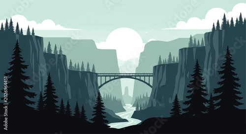 Schilderij op canvas Vector flat design illustration of a majestic canyon landscape with a bridge spa