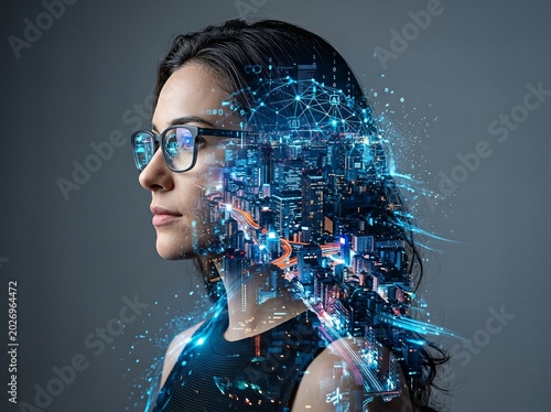 A woman wearing glasses with a futuristic cityscape overlay, symbolizing technology.