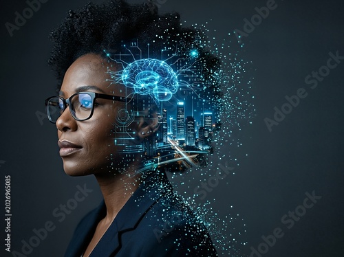 Profile of a woman with glasses, digital brain overlay emerging from her head, symbolizing AI technology.