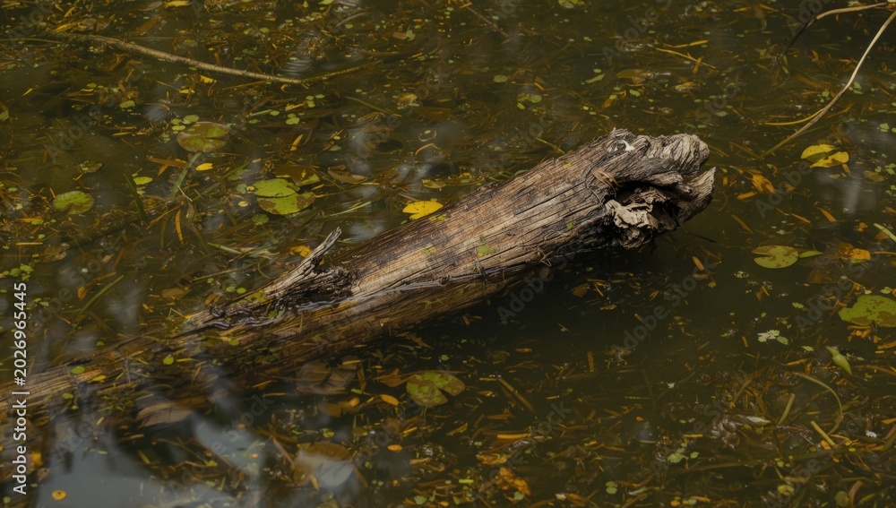 Fototapeta premium Rotting Log Partially Submerged in Murky Pond Aquatic Plants and Floating Debris