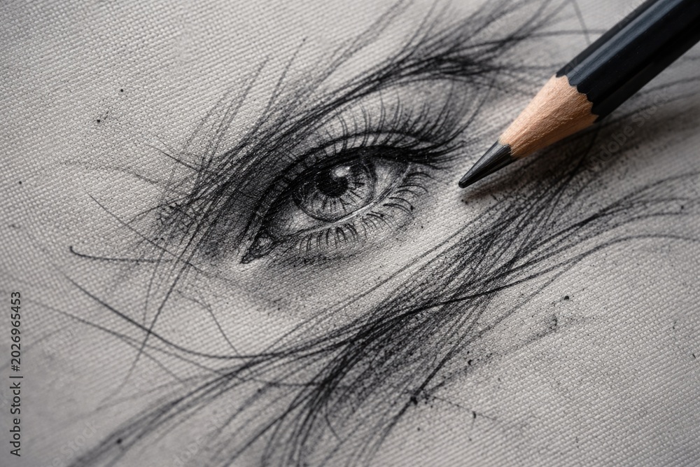 Obraz premium Macro view of pencil art on grainy gray canvas backdrop