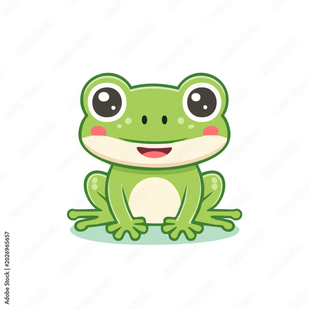 Obraz premium Cute Cartoon Green Frog Sitting Vector Illustration