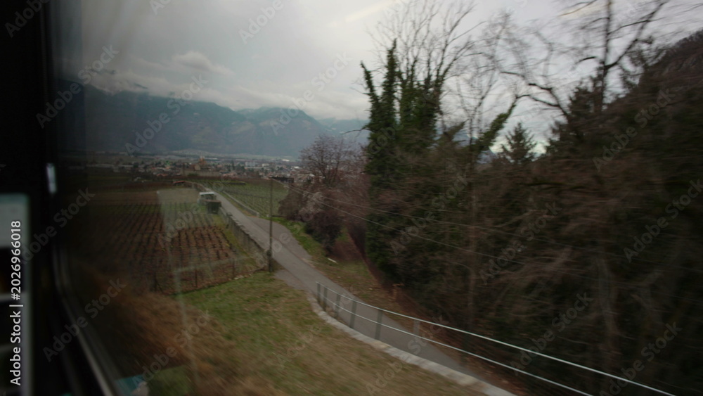 Fototapeta premium Wide valley with vineyards and distant town seen from train window, mountain range rising beyond farmland during countryside rail journey