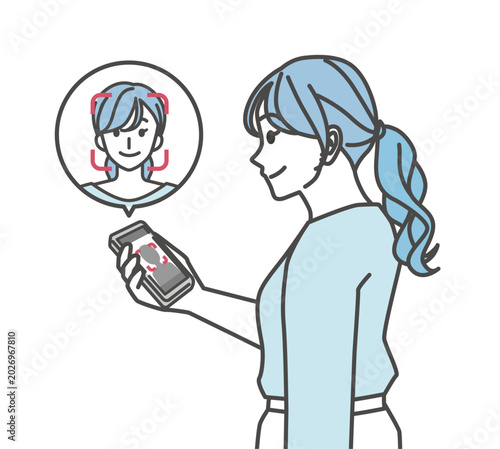 スマホで顔認証する女性のイラスト