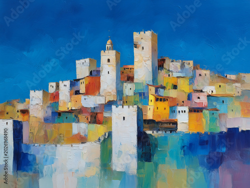 Mediterranean coastal town painted with vibrant colors