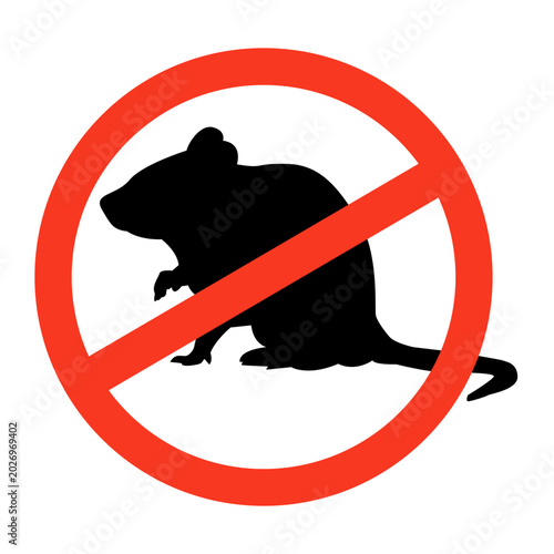 Red prohibition symbol over a black rat silhouette conveying rodent prevention, pest control, public health warning and sanitation message for homes, businesses, restaurants and facility safety