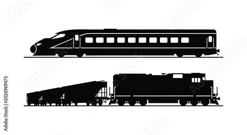Foto Train silhouette on tracks modern and vintage locomotives