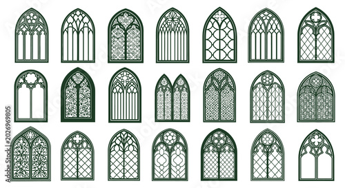 Schilderij op canvas gothic window frames collection dark green vector illustration