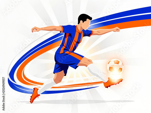 Soccer player kicking, sports action —