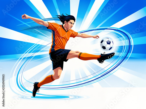Soccer player kicking, sports action