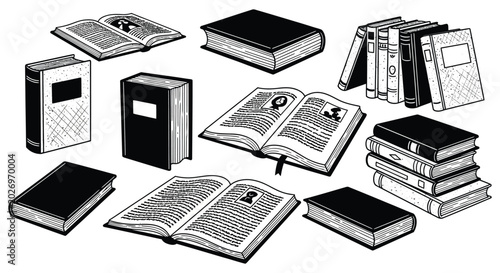 Фотография Collection of books and open manuscripts black and white illustration