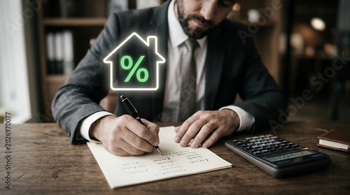 Businessman calculating mortgage interest rates at a wooden desk