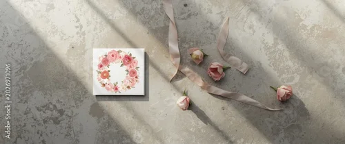 Panel kuchenny z motywem Blush pink floral greeting card with ranunculus and English roses on textured concrete table for birthday and wedding