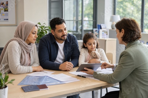 young muslim family meeting with a female advisor at a consultation center, reviewing documents and digital forms for resettlement, integration and public service access