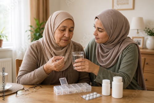 elderly muslim woman taking daily medication with support from her adult daughter at home, family caregiving, treatment adherence, dignity and compassionate aging care
