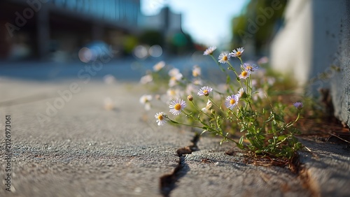 White and purple wild daisies growing through crack in concrete, urban nature
