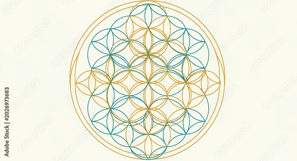 Fototapeta premium Sacred Geometry Flower of Life Symmetrical Pattern in Teal and Gold on Cream Background