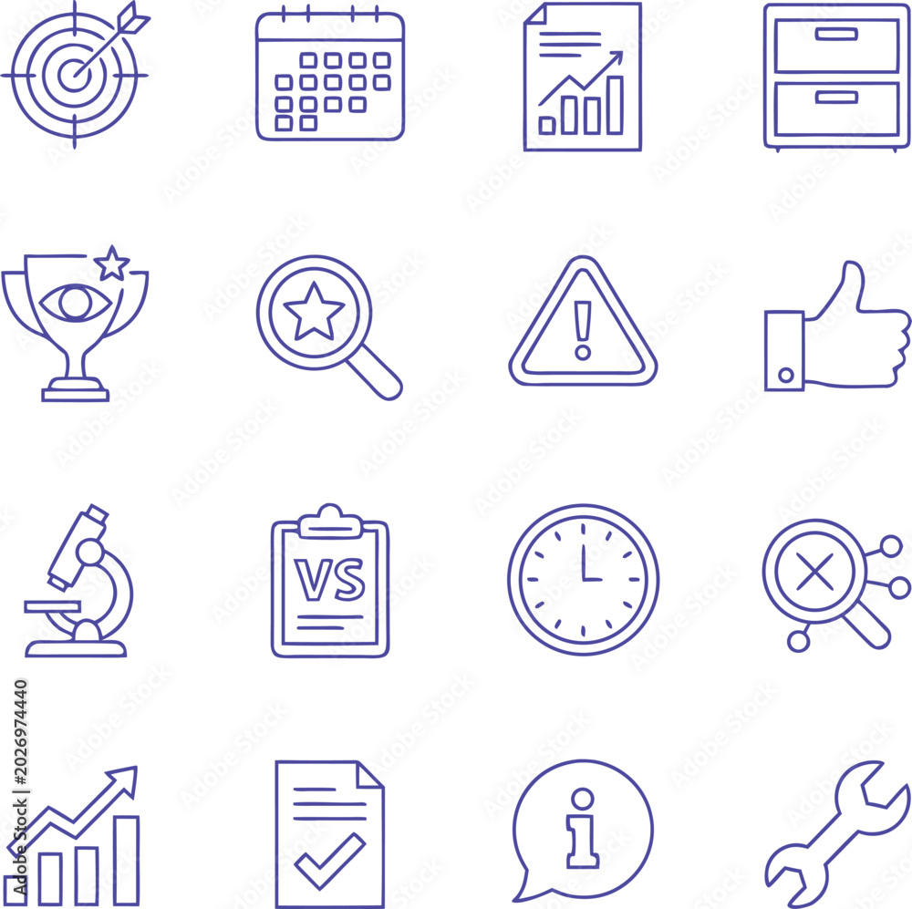 Fototapeta premium Business and Productivity Line Icon Vector Collection Featuring Goals, Analytics, Warning, Achievement, and Office Management Symbols