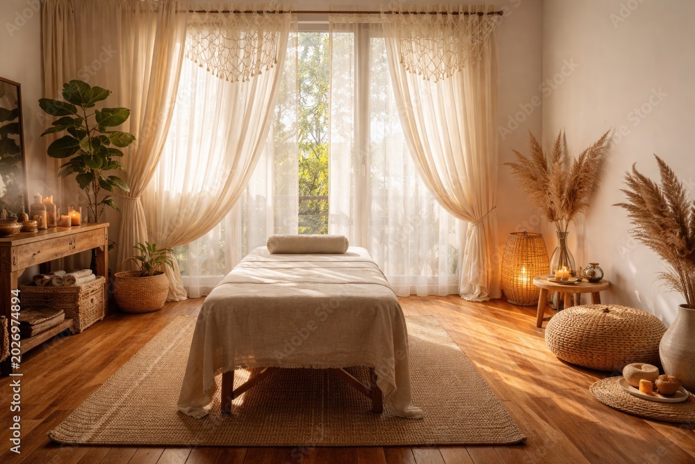 Fototapeta premium Sunlit massage room with wooden floor and minimalist boho curtains