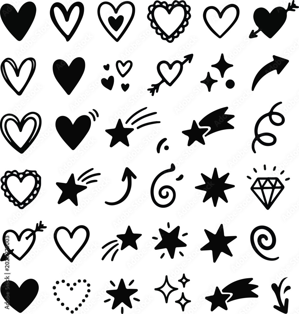 Obraz premium Hand-Drawn Heart and Star Doodles Element Set