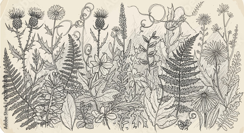 Vintage Botanical Illustration of Wildflowers and Ferns