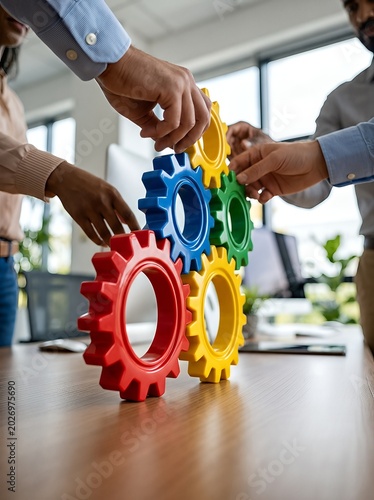 Hands of diverse team members connecting colorful gears, symbolizing teamwork.