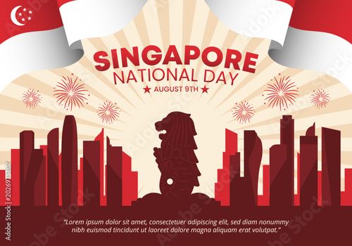 Singapore national day banner design is displayed with red city skyline silhouette background