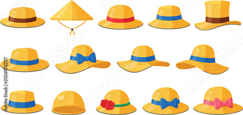 Fotografija Straw Hat Illustration Set Featuring Summer Sun Hats, Woven Fashion Accessories,