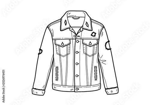 Close-up line art of a stylish distressed denim jacket, perfect for fashion design concepts.