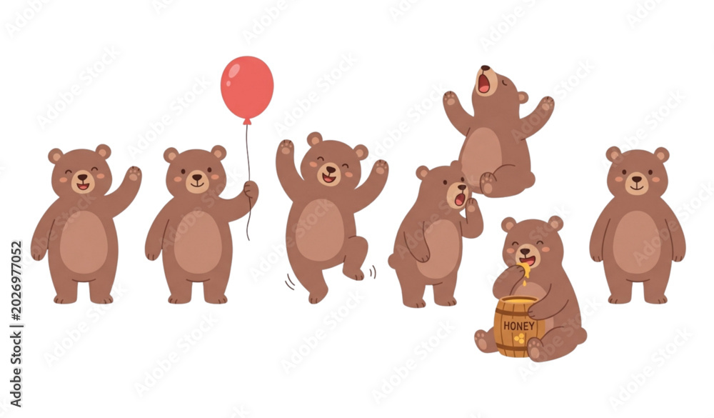 Obraz premium Cartoon brown bears in various poses with honey barrel
