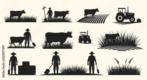 Set of Farming and Agriculture Silhouettes with Farmers, Cattle, and Tractors