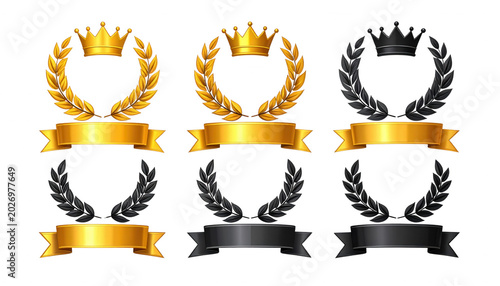 Conjunto de ilustrações vetoriais de coroas douradas e pretas, louros e fitas, simbolizando vitória, sucesso e reconhecimento em competições e prêmios.