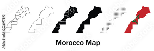 Morocco Map Vector Set Collection – Outline, Silhouette, Dot Grid and Highlighted Country Map Design Isolated on White Background