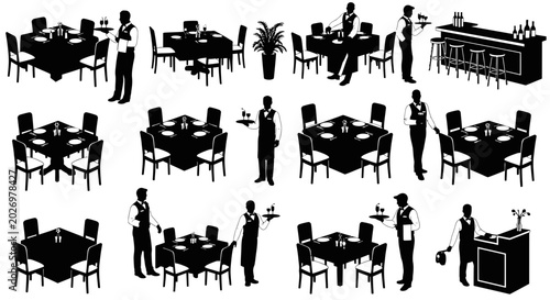 Restaurant Service Silhouettes Set with Waiters and Dining Tables