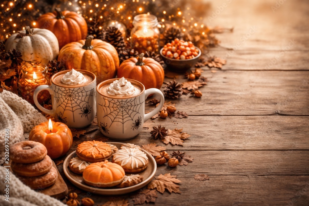 Fototapeta premium Inviting fall home decor featuring pumpkin elements spider web design mugs and sweet treats plus copy space