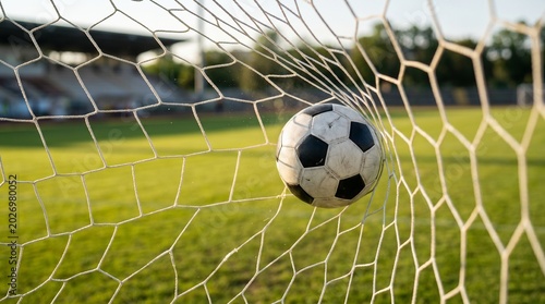 Soccer ball in goal net after scoring a goal with football athletic recreation