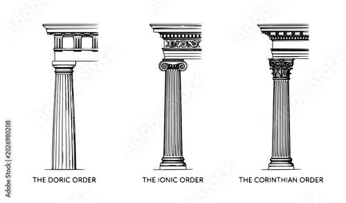 Quadro su tela Ancient greek architectural orders doric ionic and corinthian column illustratio
