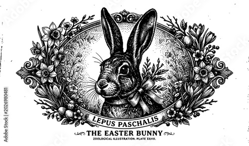 Konstfotografi Vintage easter bunny zoological illustration with daffodils and floral frame