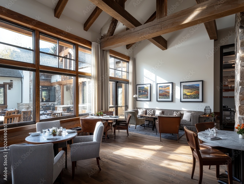 Fototapeta premium Elegant interior dining area in upscale restaurant with natural light