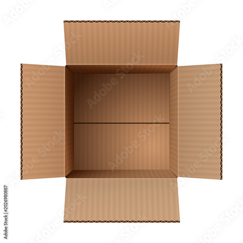Opened carton box. Open mail pack delivery. Empty Box Top view. Cardboard packaging. Simple cartoon clipart. Vector Illustration Isolated on white background.