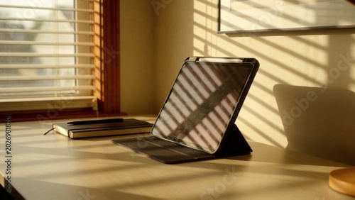 Cozy Workspace with Warm Desk Lamp and Tablet