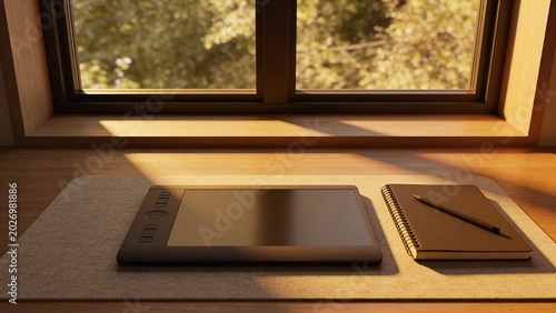 Cozy Workspace with Warm Desk Lamp and Tablet