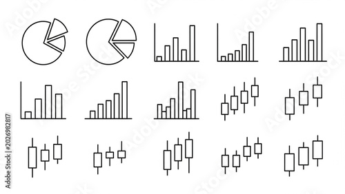 Set of Financial Charts and Graphs with Pie Charts and Candlestick Diagrams for Business Analysis