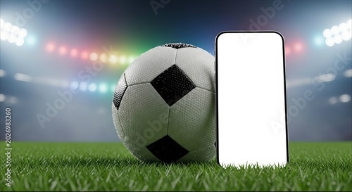 Soccer ball next to blank smartphone screen mockup on stadium grass