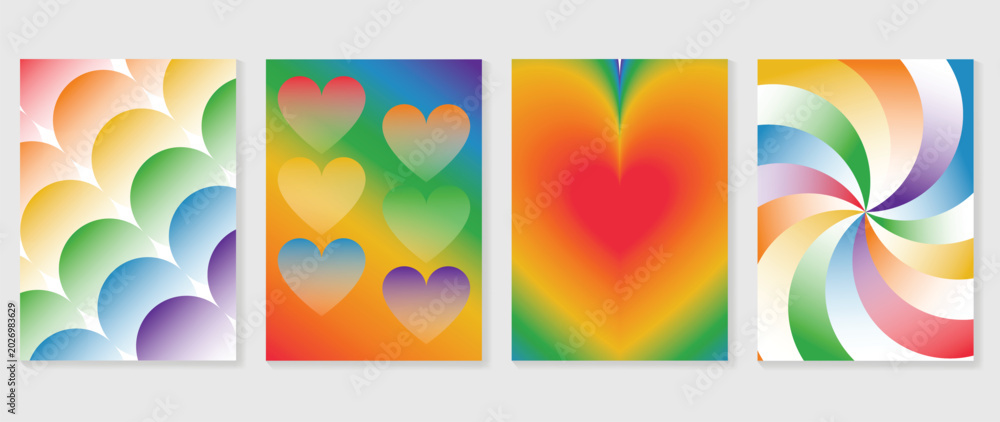 Obraz premium Pride month poster templates with soft rainbow gradient backgrounds, blurred heart, floral wreath, pastel hearts and leaf circle design vector set.